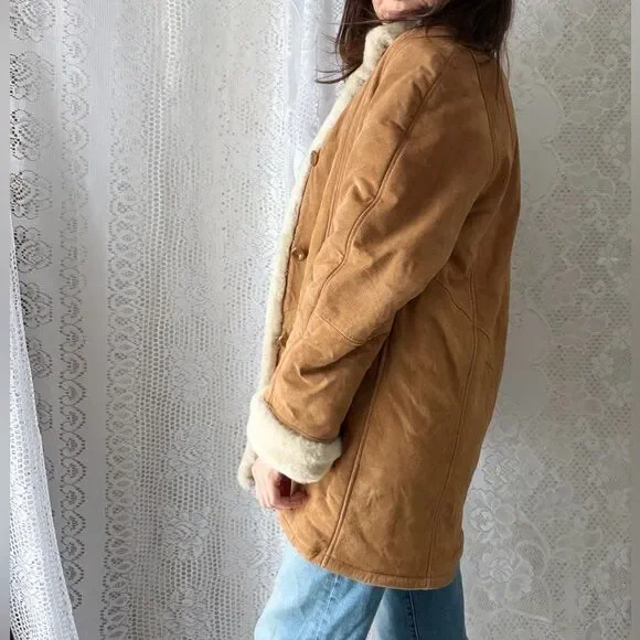 Vintage 90s Faux Shearling Gallery Caramel Winter Coat Warm Lined Medium - Picture 7 of 12